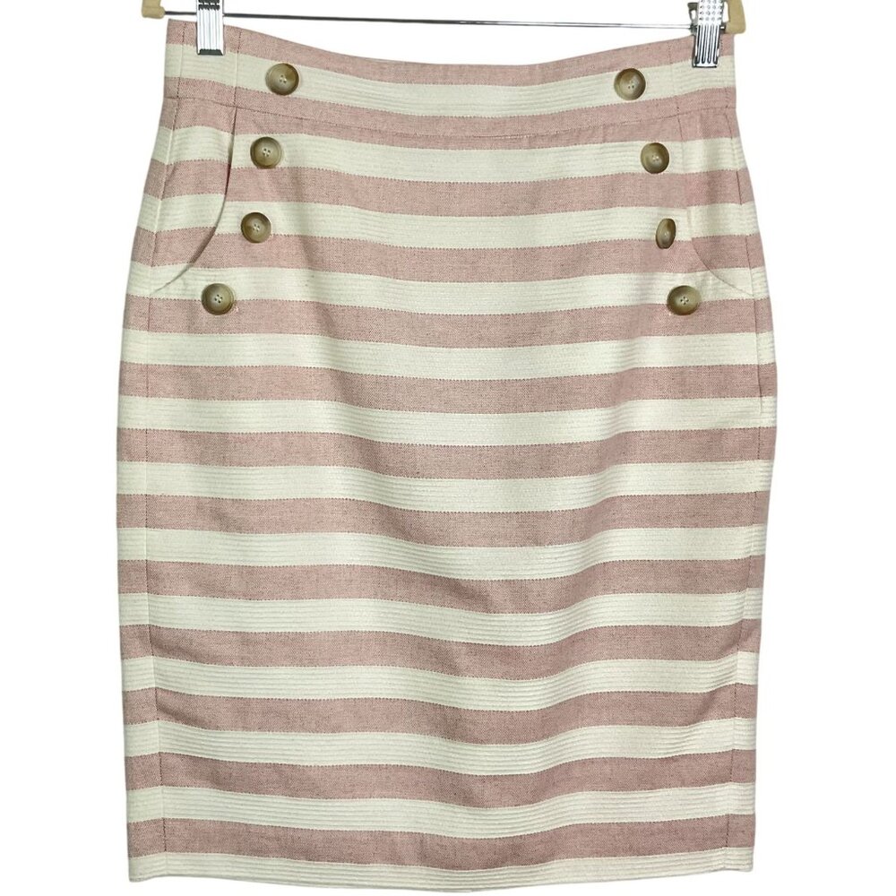 LOFT Pink and Cream Striped Pencil Skirt, Sailor Style Buttons, Pockets, size 6